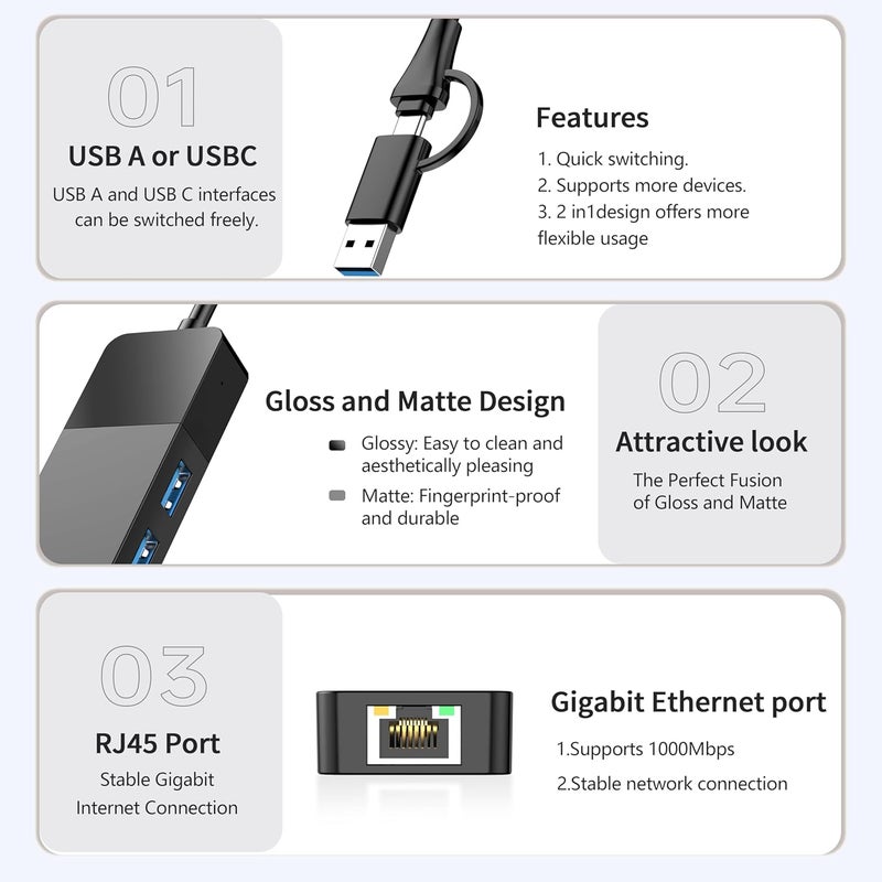Allucky ALL-LUCKY USB to Ethernet Adapter, 4 in 1 USB C to Ethernet Adapter Hub with 3 x USB 3.0 Port/Gigabit Internet Port, High-Speed Network Hub Compatible for iMac,MacBook Pro，iPad Pro，XPS - Image 4